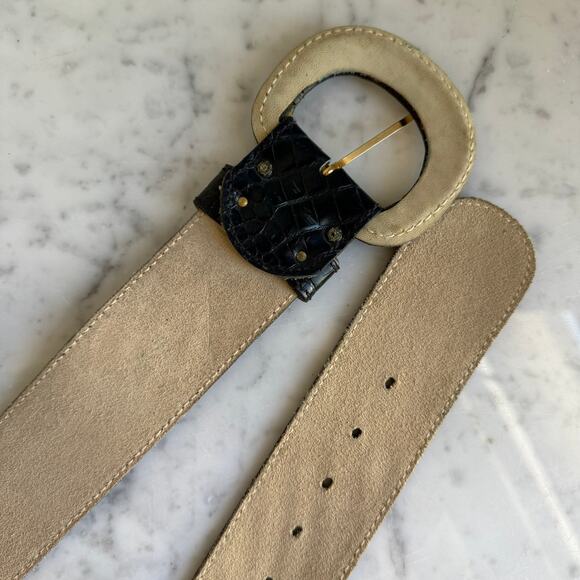 Anne Klein for Calderon Croc Embossed Leather Belt NAVY BLUE Made in USA M - Picture 11 of 13